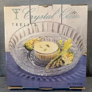 Crystal Clear Trellis 2 Piece Chip and Dip Set Glass Serving Platter Bowl 323230